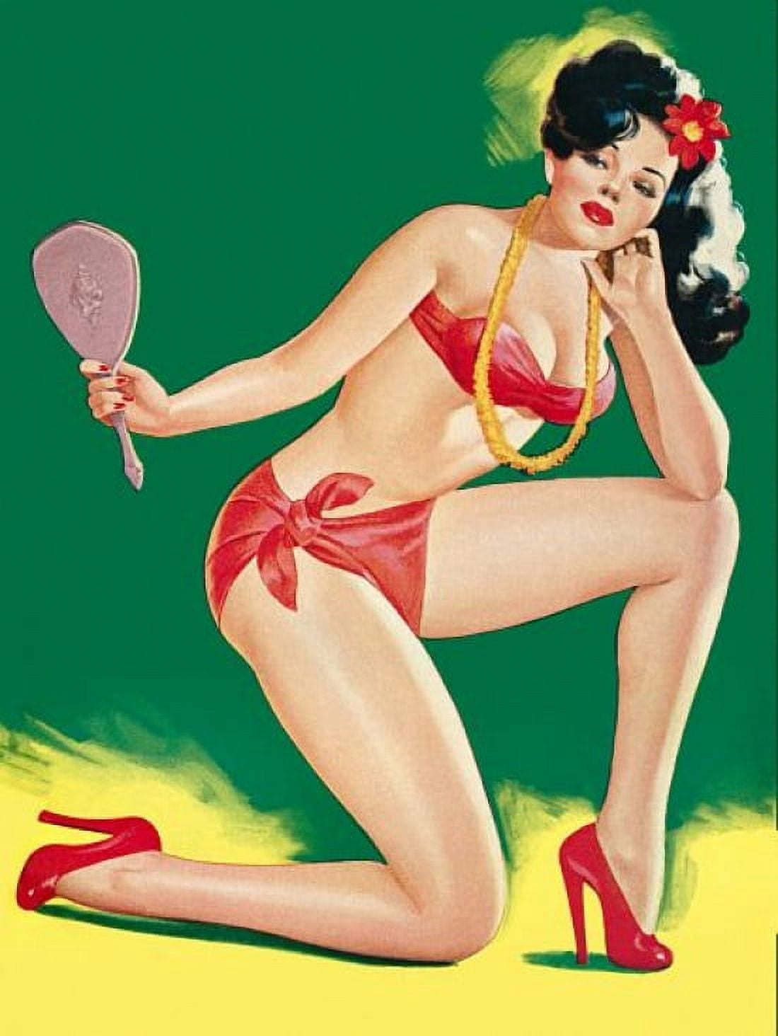 Pinup Girl Brunette With Red Bikini And High Canvas Art -  (24 x 36)