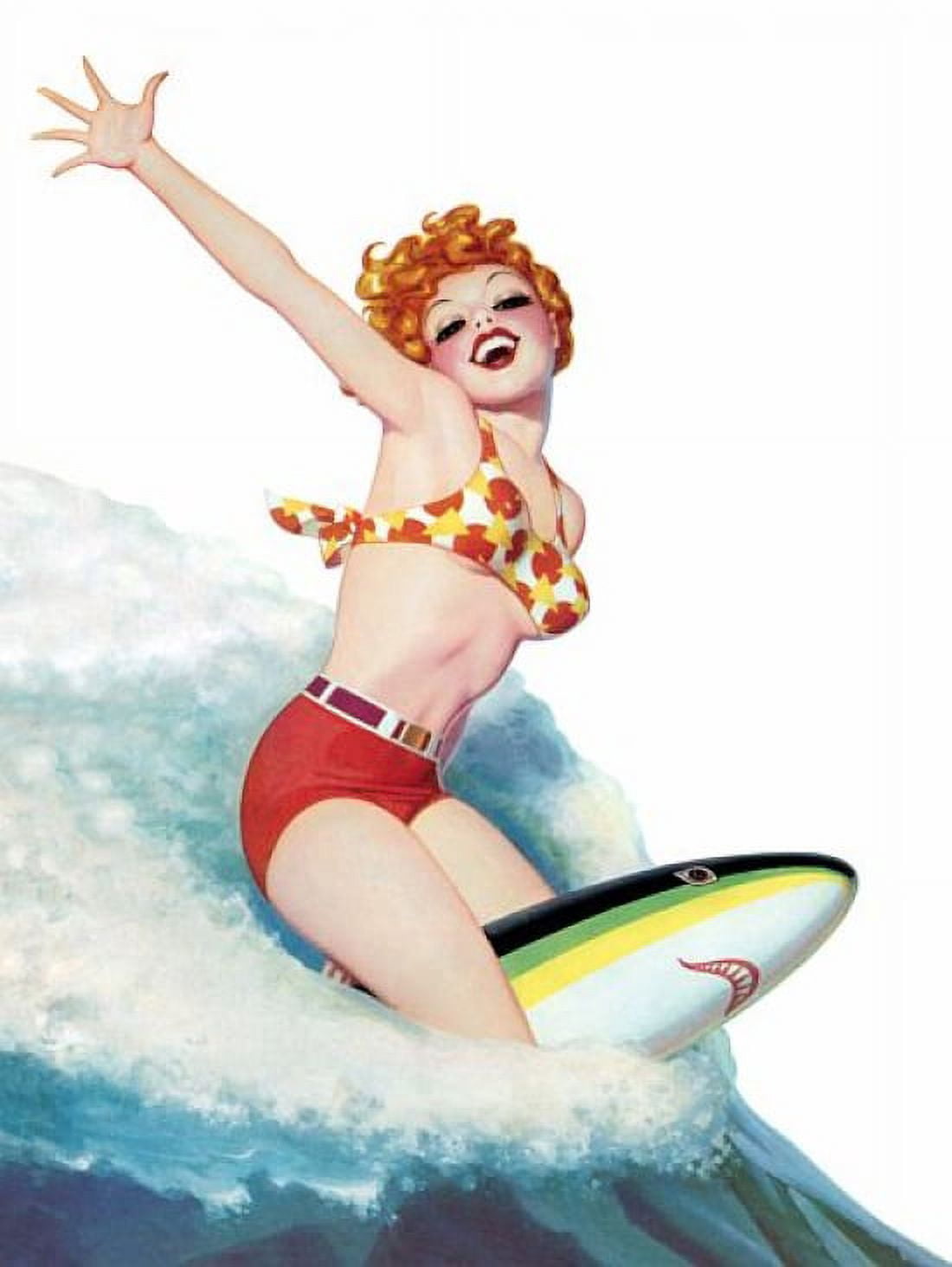 Pinup Girl Redhead Riding A Wave On A Shark Canvas Art - (36 x 54)