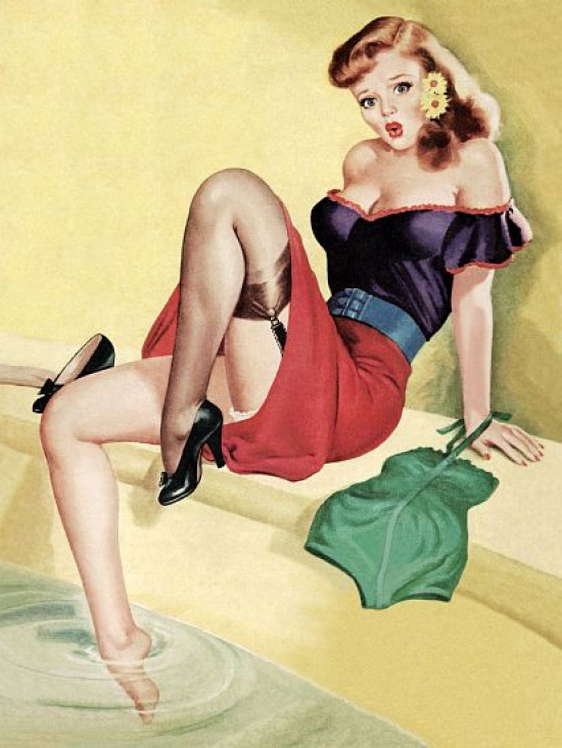 Pinup Girl Redhead Testing The Water Canvas Art - (36 x 54)