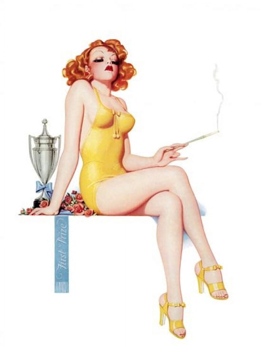 Pinup Girl Redhead With A Cigarette Canvas Art - (18 x 24)