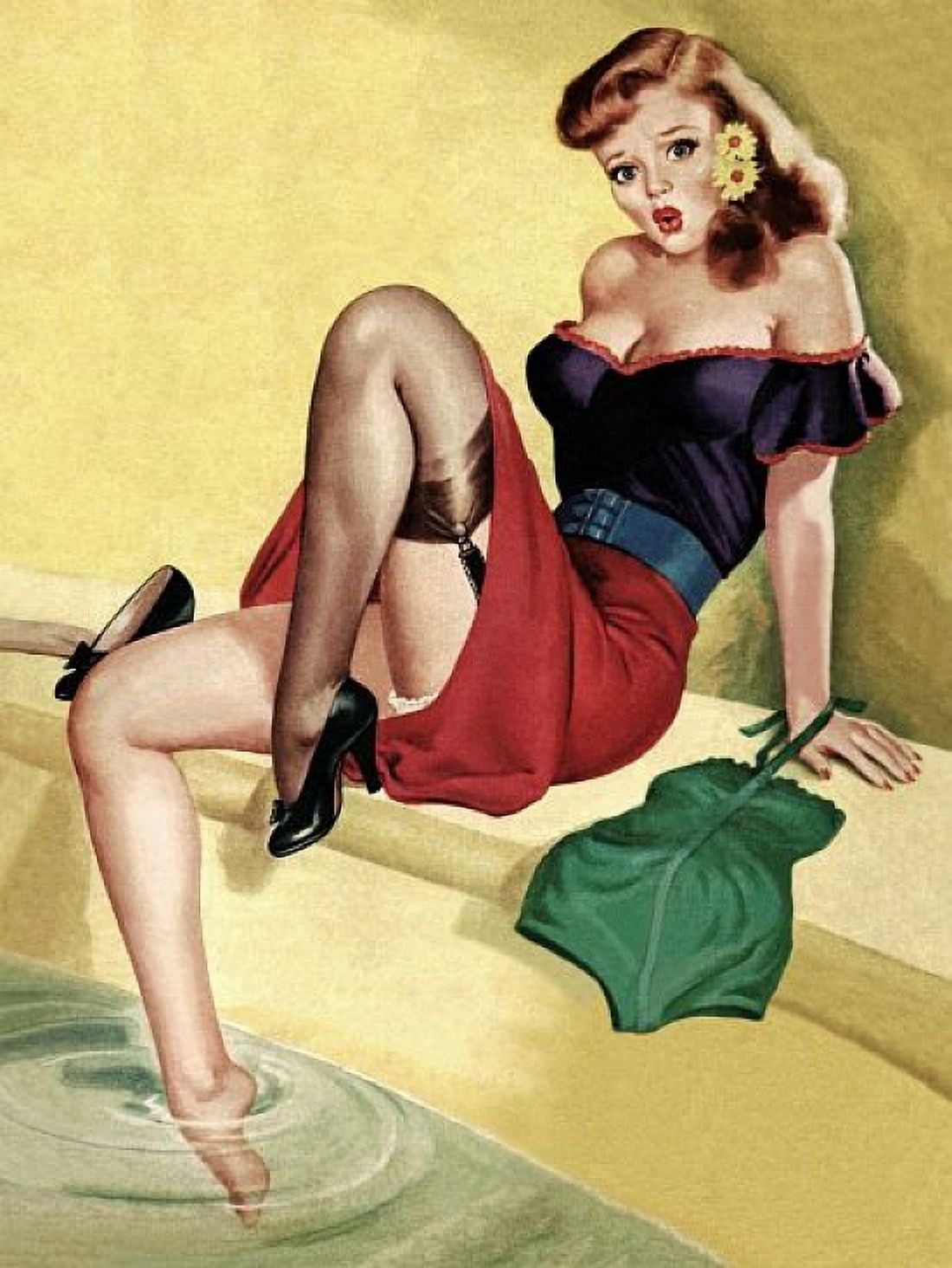 Pinup Girl Sexy Redhead Sitting By Pool Canvas Art - (36 x 54)