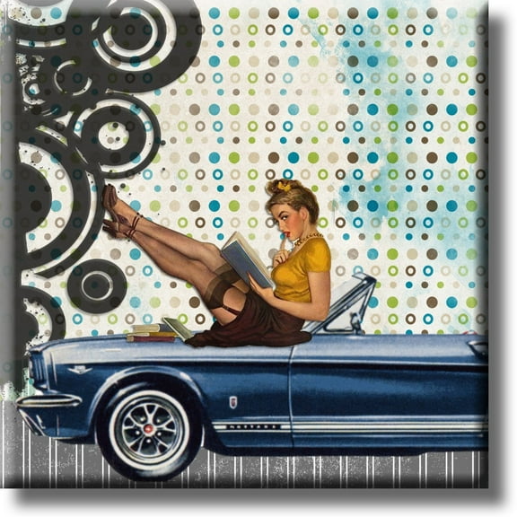 Pinup Girl Sitting on a Car Vintage Picture on Stretched Canvas, Wall Art Dcor Ready to Hang