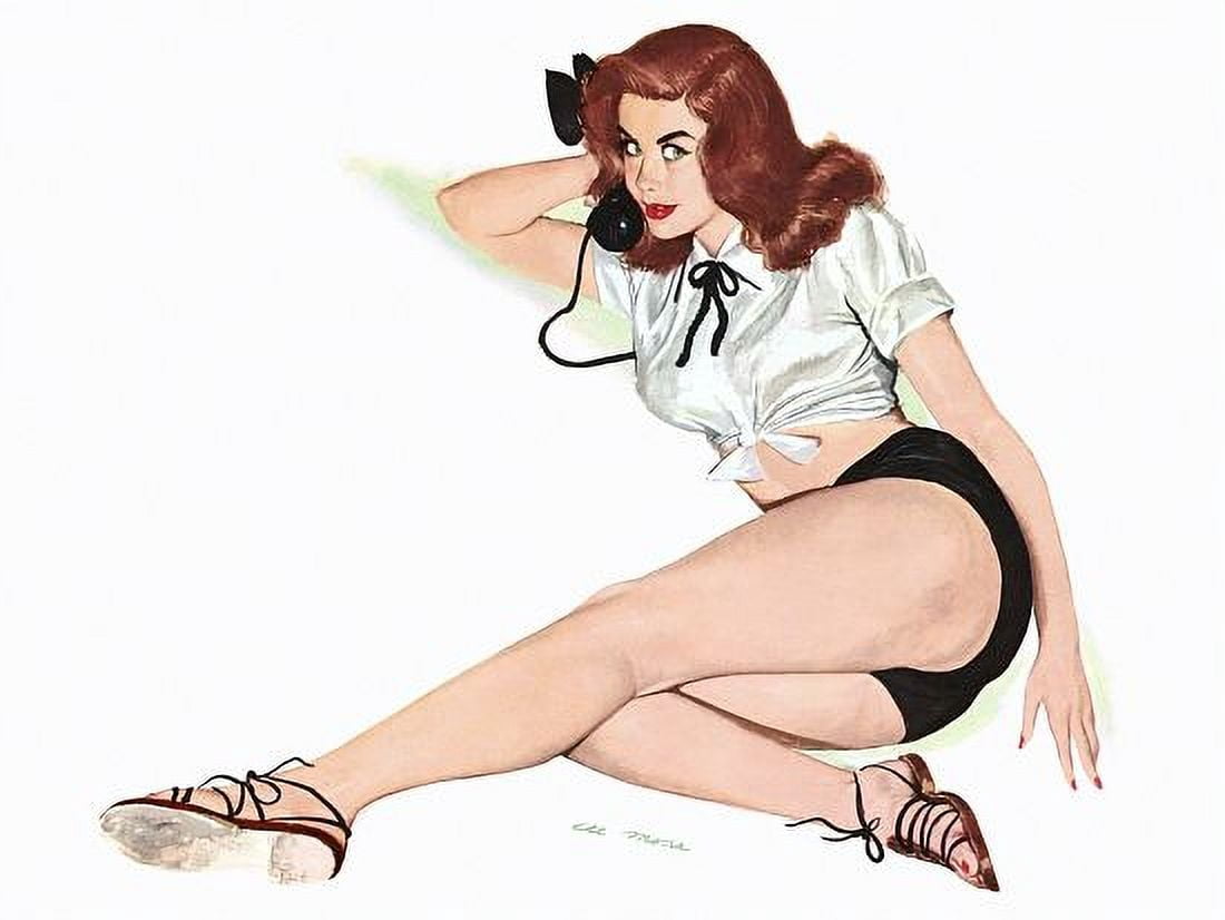 Pinup Redhead On The Phone With Black Canvas Art - (24 x 36)