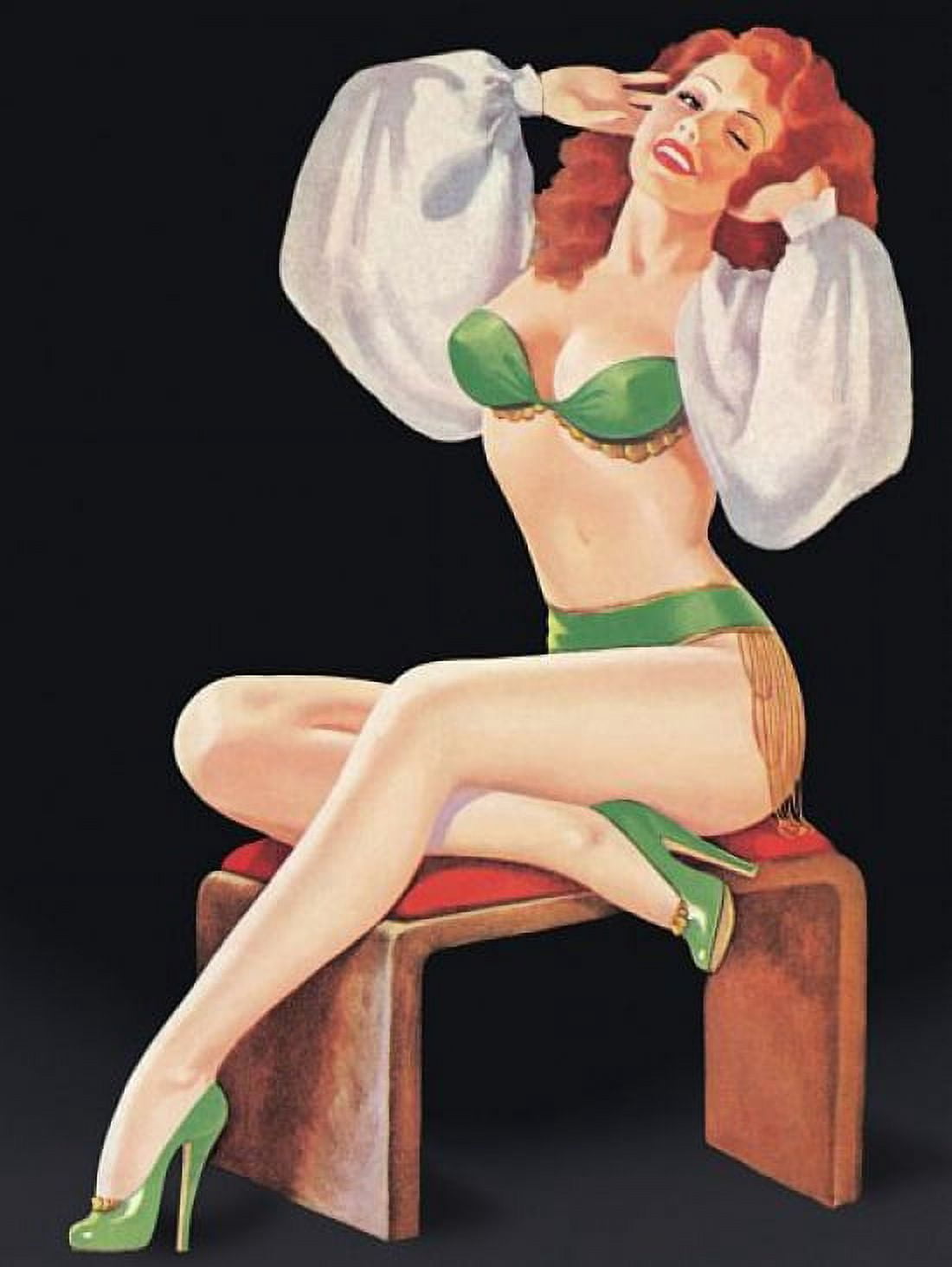 Pinup Redhead Posing On A Stool Canvas Art - (36 x 54)