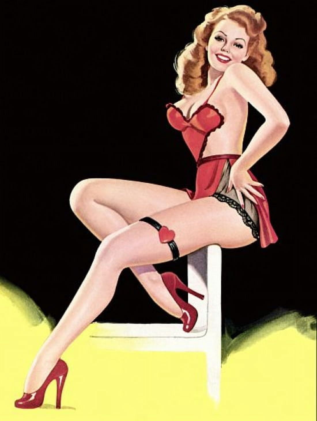 Pinup Redhead With Red Lingerie Canvas Art - (24 x 36)