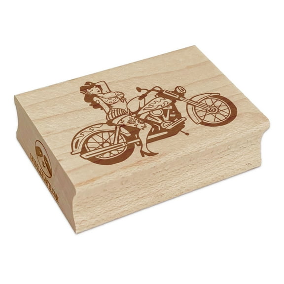 Pinup Woman Biker on Motorcycle Rectangle Rubber Stamp Stamping Scrapbooking Crafting - Large 2.5in