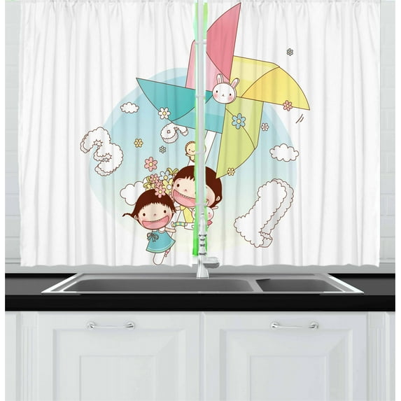 Pinwheel Curtains 2 Panels Set, Happy Kids Holding Giant Pinwheel Playing with Kitty Digital Summer Fun Toys Games, Window Drapes for Living Room Bedroom, 55W X 39L Inches, Multicolor, by Ambesonne