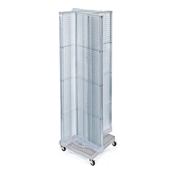 Pinwheel Pegboard Floor Display on Revolving Wheeled Base. Spinner Rack Stand. Panel Size: 16"W x 60"H