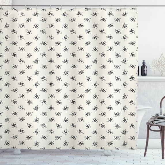 Pinwheel Shower Curtain, Hand Drawn Pinwheels Childhood Toys of Old Times Cute Kids Doodle Pattern, Fabric Bathroom Set with Hooks, 69W X 84L Inches Extra Long, Black and Ivory, by Ambesonne