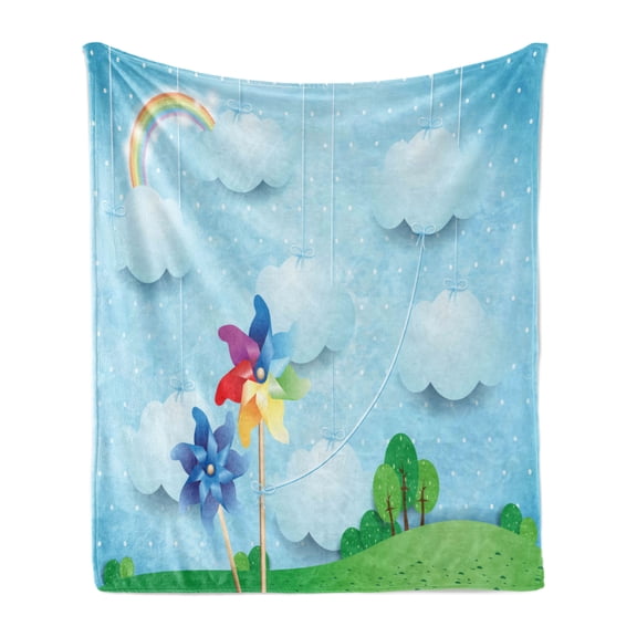Pinwheel Soft Flannel Fleece Blanket, Surreal View with Hanging Cloud Sky Rainbow Idyllic Meadow Fantasy World Landscape, Cozy Plush for Indoor and Outdoor Use, 70" x 90", Multicolor, by Ambesonne