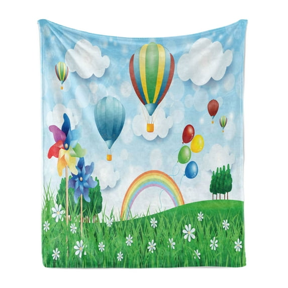 Pinwheel Soft Flannel Fleece Throw Blanket, Floral Spring Field with Hot Air Baloons Rainbow Clouds Daisy Garden Landscape, Cozy Plush for Indoor and Outdoor Use, 70" x 90", Multicolor, by Ambesonne