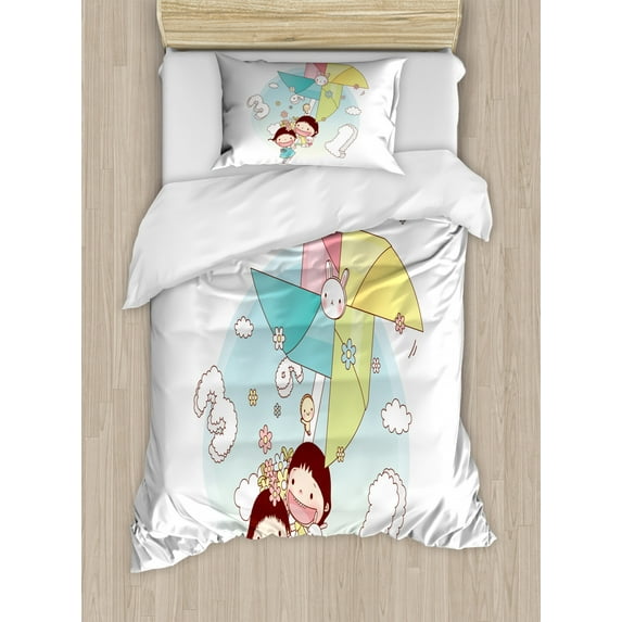 Pinwheel Twin Size Duvet Cover Set, Happy Kids Holding Giant Pinwheel Playing with Kitty Digital Summer Fun Toys Games, Decorative 2 Piece Bedding Set with 1 Pillow Sham, Multicolor, by Ambesonne