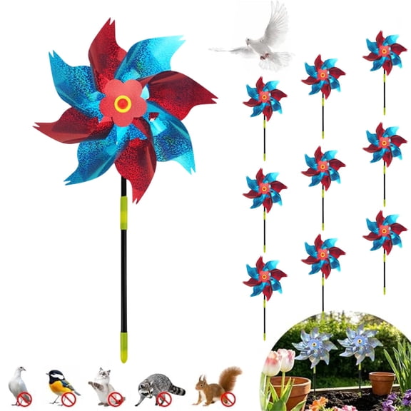 10 Pack Reflective Pinwheels with Stakes, Extra Sparkly Pin Wheel for Garden Decor, Bird Repellent Devices Deterrent to Scare Birds Away from Yard Patio Farm