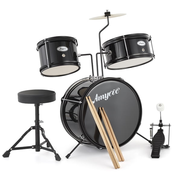Pinypikaka 1 Wood/Metal AD-100 Three Drums Set for Beginners, Beginner Set Includes Bass, 2 Toms, Cymbal, Sticks, Bass Pedal & Stool, Percussion Musical Instrument Birthday Playset
