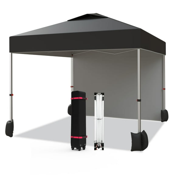 Pinypikaka 10x10FT Pop Up Canopy Tent with 1 Sidewall, Portable Instant Commercial Canopy Patio Tent with Vented Top Roller Bag 4 Sandbags 4 Ropes and 8 Tent Stakes
