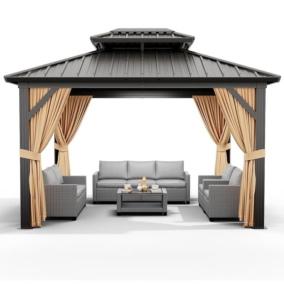 Pinypikaka 10x12ft Hardtop Gazebo, Metal Gazebo Double Roof Canopy with Netting and Curtains Outdoor Gazebos Galvanized Iron Aluminum Frame Garden Tent for Patio, Backyard, Deck, Lawns