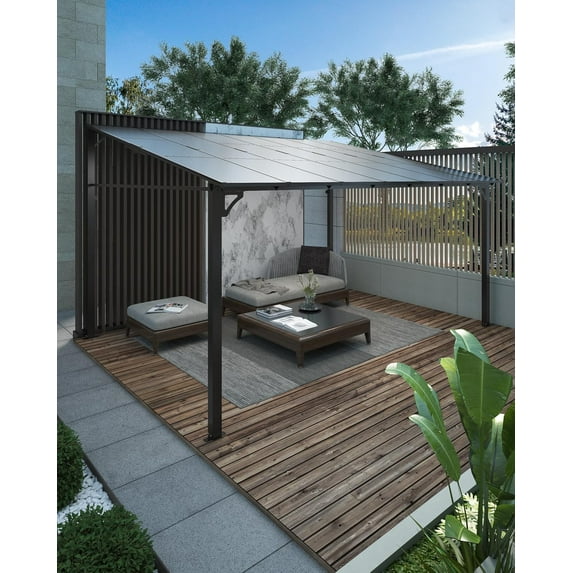 Pinypikaka 12'x14' Outdoor Hardtop Gazebo, Lean-to Pergola with Roof for Lawn Patio Deck Yard Party