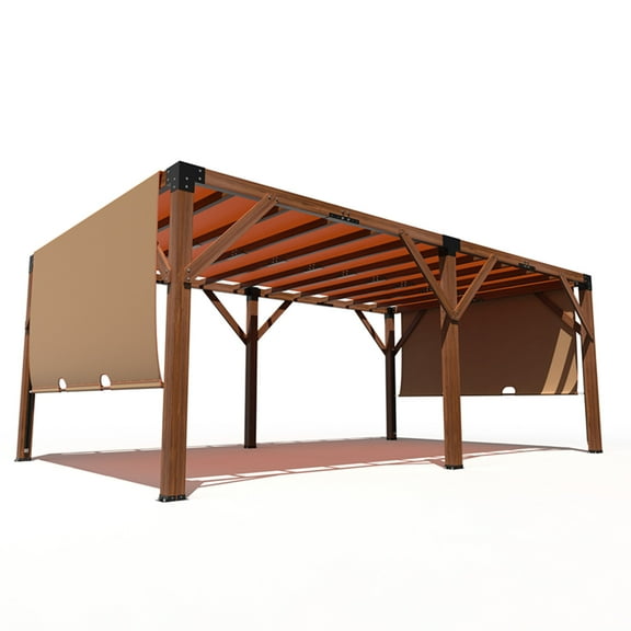 Pinypikaka 12x20ft Wood Pergola, Outdoor Retractable Shade Canopy for Patio Backyard Deck Garden, Reddish-brown