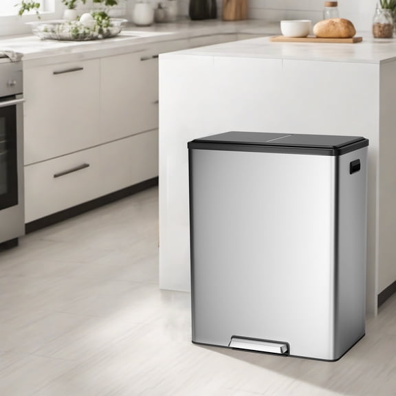 Pinypikaka 16 Gallon Kitchen Trash Can 30L+30L Step Dual Recycling Bin with 2 Removable Barrel, Wide Step Pedal, Soft Close Lid, Large Stainless Steel Garbage Can for Home and Office