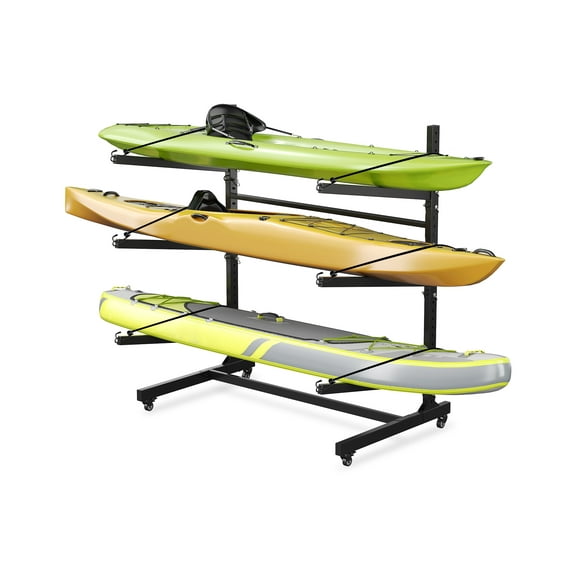 Pinypikaka 3-Capacity Heavy-Duty Kayak Storage Rack for Garage & Outdoor, Kayak Rack for Kayak, Canoe, SUP, Paddleboard, Surfboard & Canoe – Freestanding Kayak Stand Storage