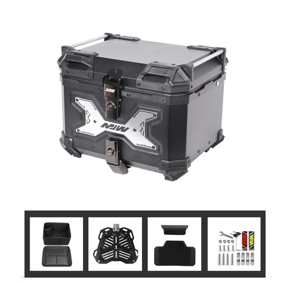 Pinypikaka 47Qt/45L Aluminum Alloy Motorcycle Tail Box Top Case, Universal Motorbike Trunk with Corner Protective Caps, Reflective Strips And Shockproof Liner