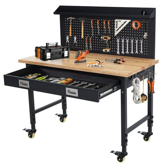 Pinypikaka 48" Workbench Heavy Duty Adjustable Height Workstation with Drawer Storage, Backplate, 2000lb Load Capacity, Multipurpose Rubber Wood Shop Table with Power Outlets, Hooks, Garage Storage