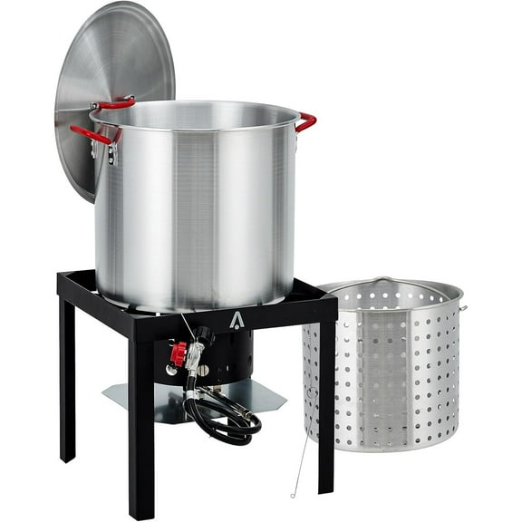 Pinypikaka 60 QT Aluminum Outdoor Seafood Boil Kit, 11,0000 BTU Seafood Boil Pot, Seafood Boil Pot with Strainer Basket, Propane Stove Burner for Outdoor Cooking Seafood Crawfish, Crab, Shrimp