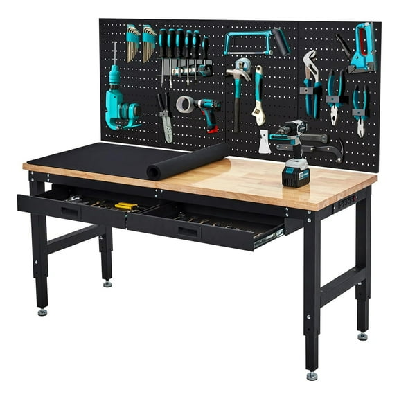 Pinypikaka 60" x 22" Workbench, Rubber Wood Tabletop Work Table with 3 Drawers & Pegboard Pad, 2000 LBS Heavy Duty Adjustable Height Work Bench Table with Power Outlets