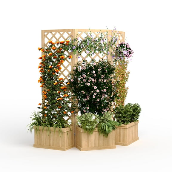 Pinypikaka 62"x10"x65" Privacy Screen with Planter Box Garden Fence Panel, 3 Hinged Freestanding with Drain Holes, Wood Room Divider for Patio, Deck, Backyard & Balcony, Raised Garden Bed Kit
