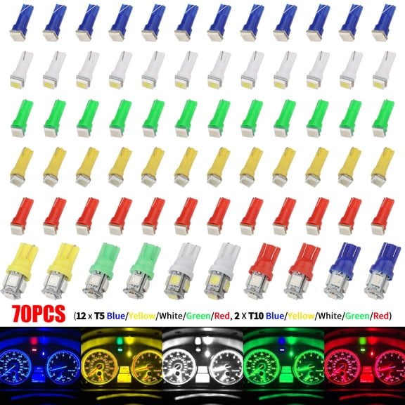 Pinypikaka 70pcs T5 T10 5050-smd Light Bulbs Kit Led Speedometer Dashboard Gauge Lamp Bulb Tail Lights Replacement Parts