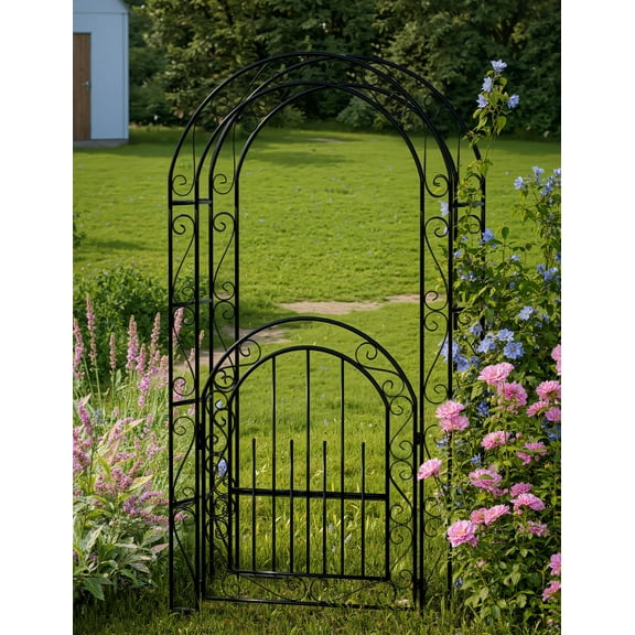 Pinypikaka 7FT Tall Steel Garden Archway With Single Gate- Metal Arbor with Stakes for Weddings & Parties, Wide Rust-Resistant Trellis for Roses, Vines & Climbing Plants, Simple to Assemble