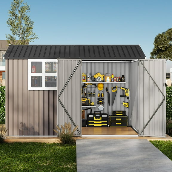 Pinypikaka 8x10 FT Outdoor Storage Shed, Metal Garden Tool Shed with Updated Frame Structure, Lockable Doors and Windows, Ideal for Backyard Garden Patio Lawn