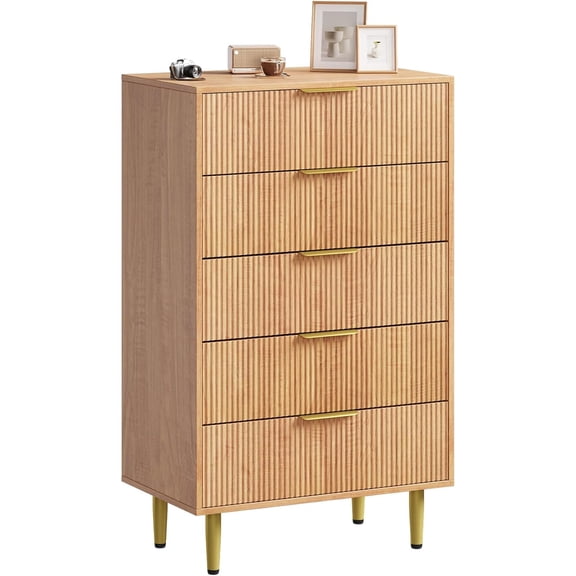 Pinypikaka Fluted Dresser for Bedroom with 5 Drawers, Wooden Chest of Drawers with Metal Handle & Feet, Dresser for Living Room, Hallway, Bedroom