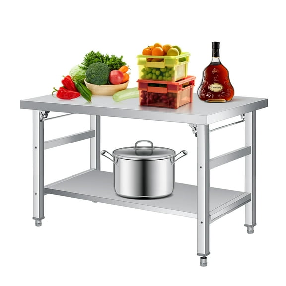 Pinypikaka Folding Stainless Steel Table - Commercial Work Table with Undershelf, 920 LBS Load, Double-Tier Stainless Steel Workstation for Home, Kitchen, Restaurant, Garage, Camping, Outdoor
