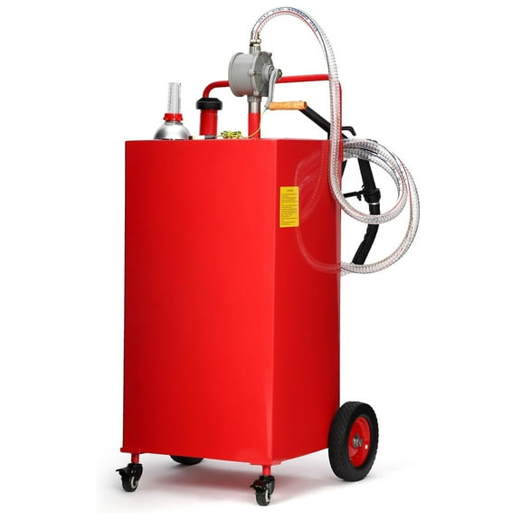 Pinypikaka Fuel Caddy, 30 Gallon Gas Caddy On 4 Wheels with Manual Transfer Siphon Pump, Gasoline Diesel Fuel Container for Cars, Lawn Mowers, ATVs, Boats