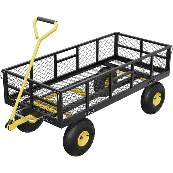Pinypikaka Garden Dump Cart with Removable Sidewalls, 900 LBS Heavy Duty Steel Dump Wagon with 180° Swivel Handle & 10-inch Tires, Yard Cart Utility Wheelbarrow for Backyard Farm