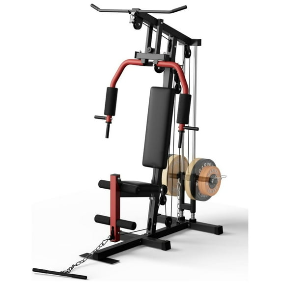 M optimized Home Gym Equipment w/ Lat Pulldown, Exercise Workout Station w/ Leg Press, 300LBS Capacity Home Gym Mahcine for Full Body Strength Training, Fit 1" & 2" Weight Plates(No Include)