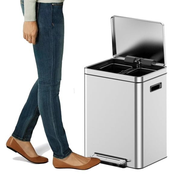 Pinypikaka Kitchen Trash Can Stainless Steel Recycle Step Garbage Bin with Dual Compartment, Silver