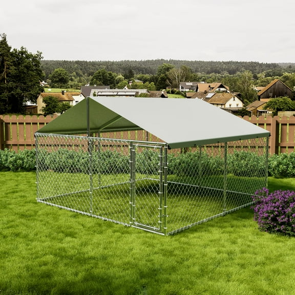 Pinypikaka Large Outdoor Dog Kennel with Waterproof & UV-Resistant Cover, Galvanized Chain Link Dog Enclosure, Outside Dog Kennel with Roof for Backyard Farm Use, 10x10x6ft