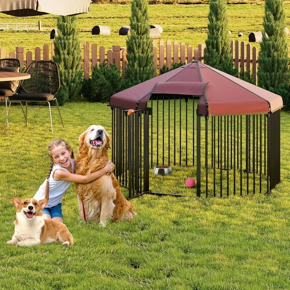 Pinypikaka Octagon Outdoor Dog Kennel with Roof, Large Dog Kennel Outside with Metal Gate, Outdoor Dog Playpen with Secure Lock for Backyard
