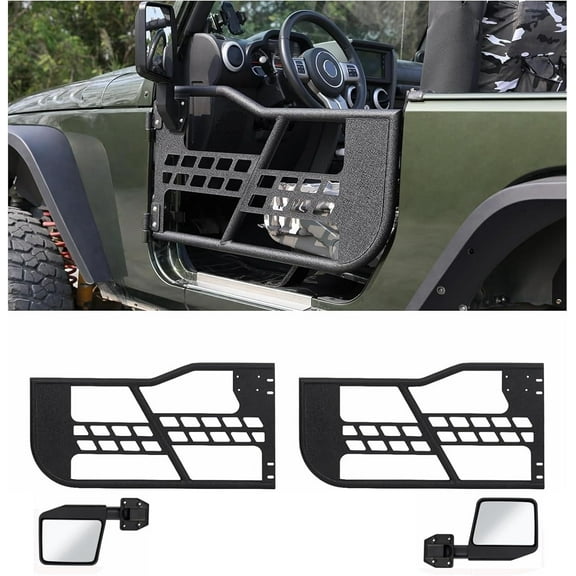 Pinypikaka Off-Road Doors with Side View Mirror Compatible for Wrangler JK 2007-2018 (2-Door Only), Set of 2 Half Tube Doors for Offroad Trail Adventure