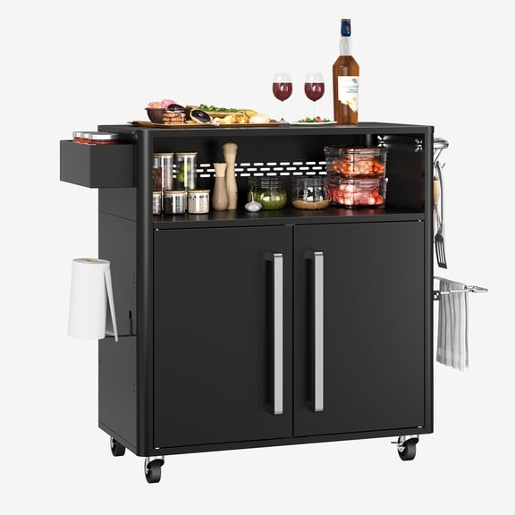 Pinypikaka Outdoor Grill Table, Bar Cart with Storage Cabinet, Kitchen Island Cart Multifunction Food Prep Table Stainless Steel Surface, Outside BBQ Backyard Include Hooks Spice Rack