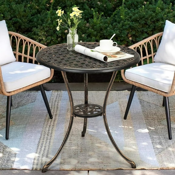 Pinypikaka Outdoor Round Patio Bistro Table with 2" Umbrella Hole Cast Aluminum Side/End Table for Poolside, Deck, Porch, Backyard, Garden, Balcony, Dia 23.6" x H 25.9"