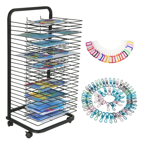 Pinypikaka Portable Art Drying Rack with 25 Flexible Shelves, Ideal for Schools and Studios, Effortless Assembly, Mobile with 4 Wheels, Dedicated Customer Service, Black