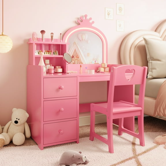 Pinypikaka Princess Girls Makeup Vanity Table Set with Storage & Lights & Mirror, Pink