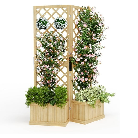 Pinypikaka Privacy Screen with Planter Box, Outdoor Garden Fence Panel, 2 Hinged Freestanding Screens with Drain Holes, Wood Room Divider for Patio Deck Backyard
