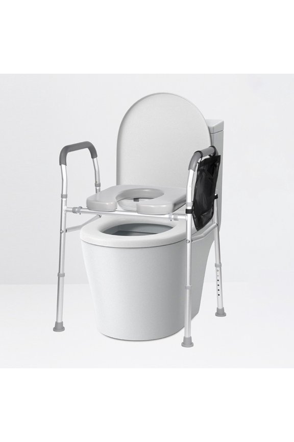 Raised Toilet Seat with Handles, Adjustable Width & Height Toilet Seat Riser for Seniors, Reinforced & Anti-Skid Design, 300lb Toilet Seat Riser with Side Pocket