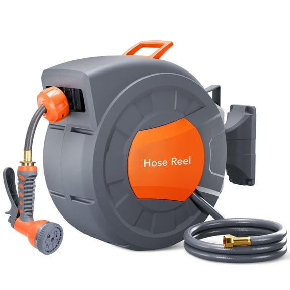 Pinypikaka Retractable Hose Reel 72 ft x 1/2 in, 180° Swivel Bracket Wall-Mounted, Garden Water Hose Reel with 9-Pattern Nozzle, Automatic Rewind, Lock at Any Length, Slow Return System