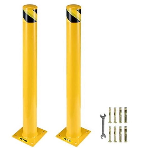 Pinypikaka Safety Bollard, 2 Packs 36"/42"/48" Height Bollard Post, 4.5-inch Diameter, Yellow Safety Steel Bollard Post with 8 Anchor Bolts, for Traffic Control, Driveway Barrier, Parking Pole