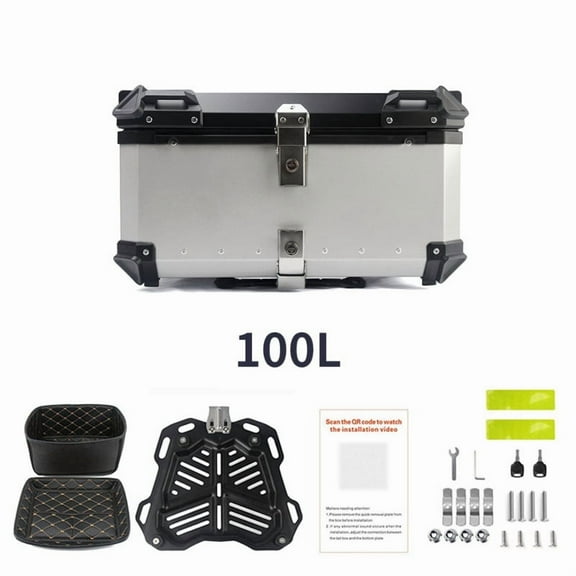 Pinypikaka Universal Motorcycle Top Case 100L Motorcycle Tour Tail Box Scooter Trunk w/ Anti-Theft Lock System, Waterproof Motorcycle Tail Box Bag, Silver